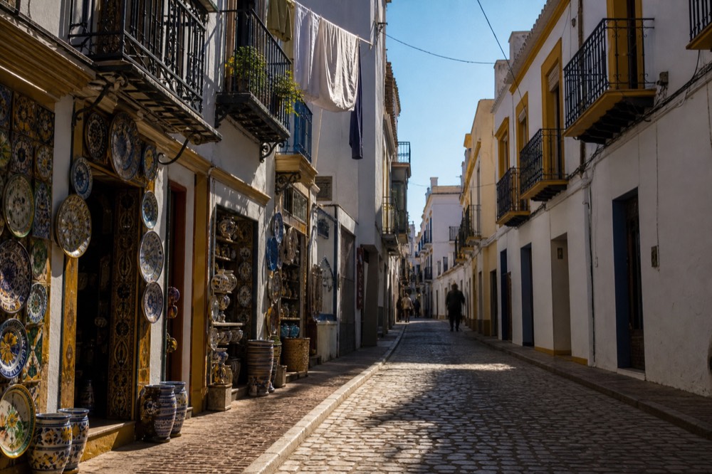 A narrow Triana street of painted ceramic shopfronts and iron balconies with washing hung out, late afternoon shadows across the cobbles