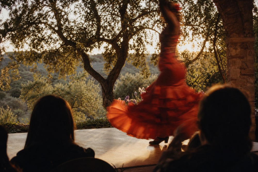 Flamenco dancer in motion blur on a small floor, ruffled skirt caught mid-turn, close seated audience visible only as dark shapes