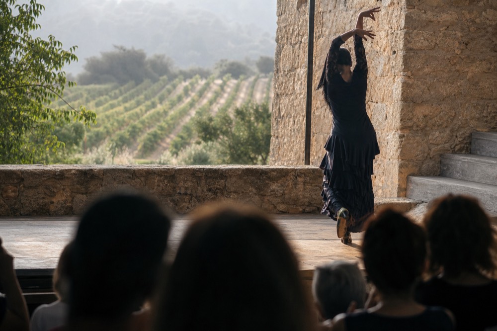 Flamenco dancer photographed from behind mid-stamp on a wooden stage in a stone courtyard, arms raised, audience heads dark in the foreground