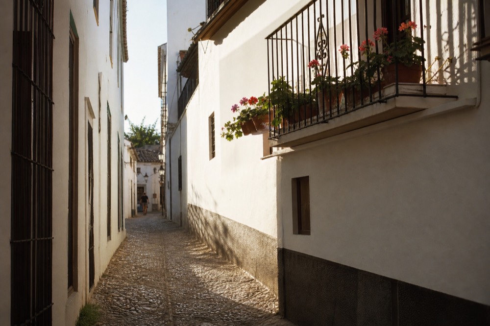 Narrow Santa Cruz alley in Seville on a hot summer evening, shadows long on whitewashed walls, potted geraniums on an iron balcony