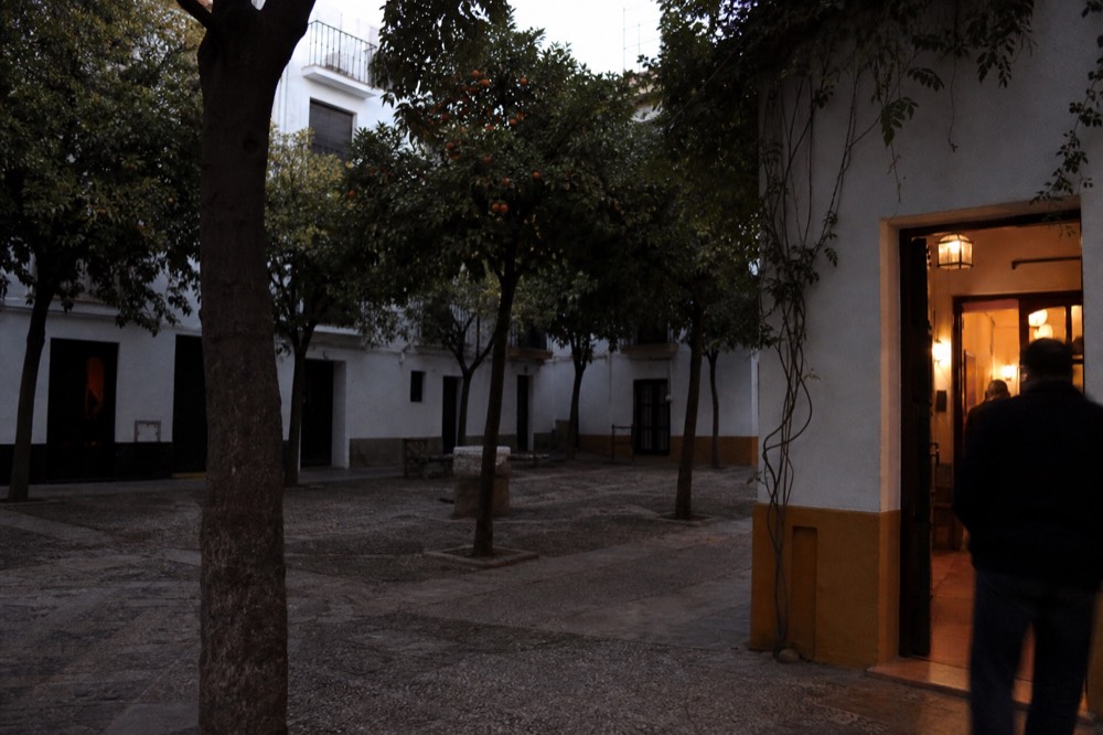 Orange trees and whitewashed facades on Plaza Santa Cruz at dusk, a lit doorway to a small venue at the corner of the square